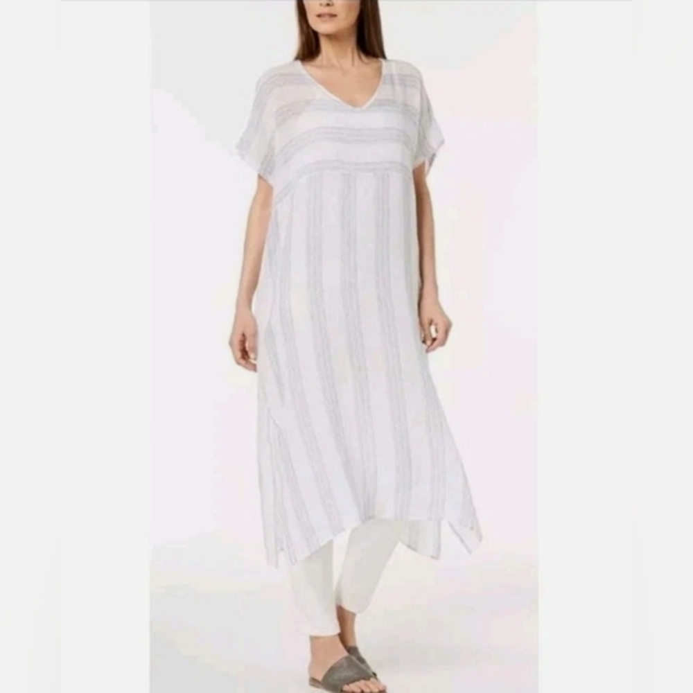 Eileen Fisher Organic Linen Striped V-Neck Caftan Dress. Size: XXS.